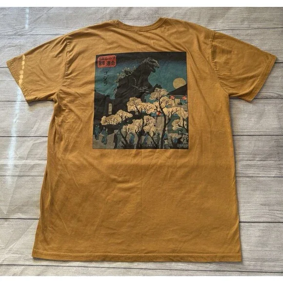 Godzilla in Japan Cherry Blossoms Mustard Yellow Graphics T-Shirt Sz Lg Japanese - Picture 1 of 5